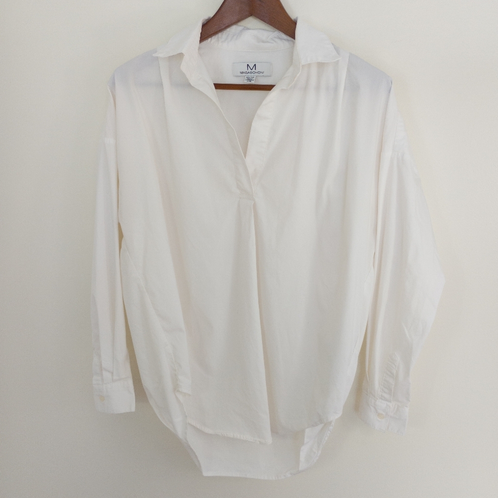 Magaschoni White Popover V-Neck Tunic Blouse Shirt Size XS